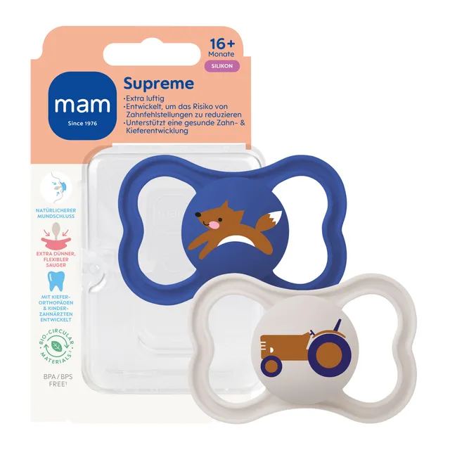 mam-supreme-schnuller-16-monate-skinsoft-silikon-fuchs-traktor-2-st-ck image 1