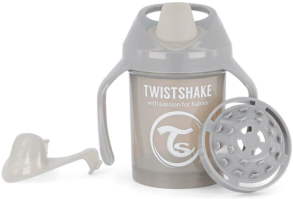 twistshake-mini-cup-230-ml-auslaufsicherer-schnabelbecher-mit-fruchtmixer-grau image 1