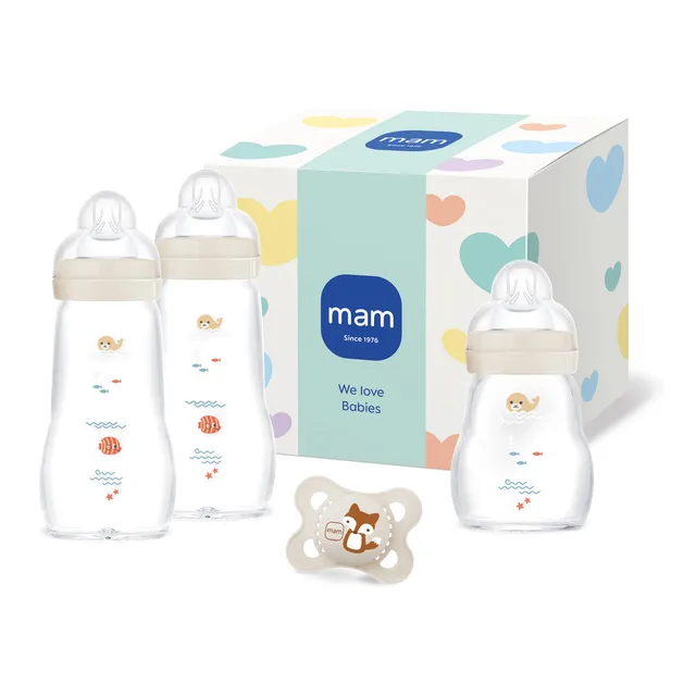 mam-feel-good-glass-bottle-geschenk-set-3-glasflaschen-1-schnuller-0-monate-beig image 1
