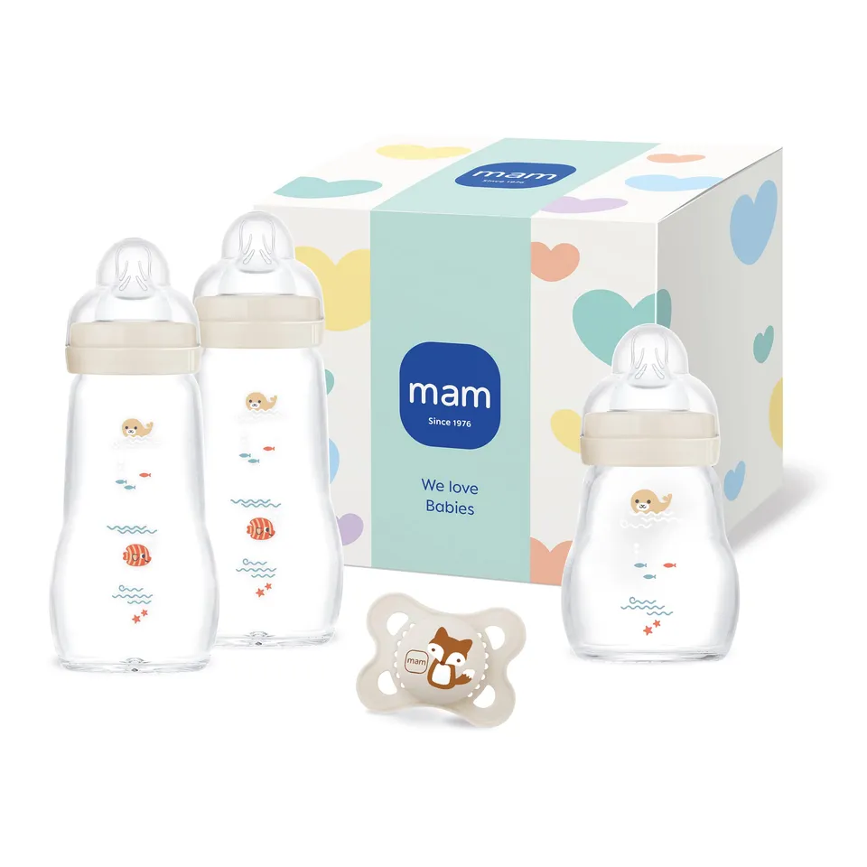 mam-feel-good-glass-bottle-geschenk-set-3-glasflaschen-1-schnuller-0-monate-beig image 1