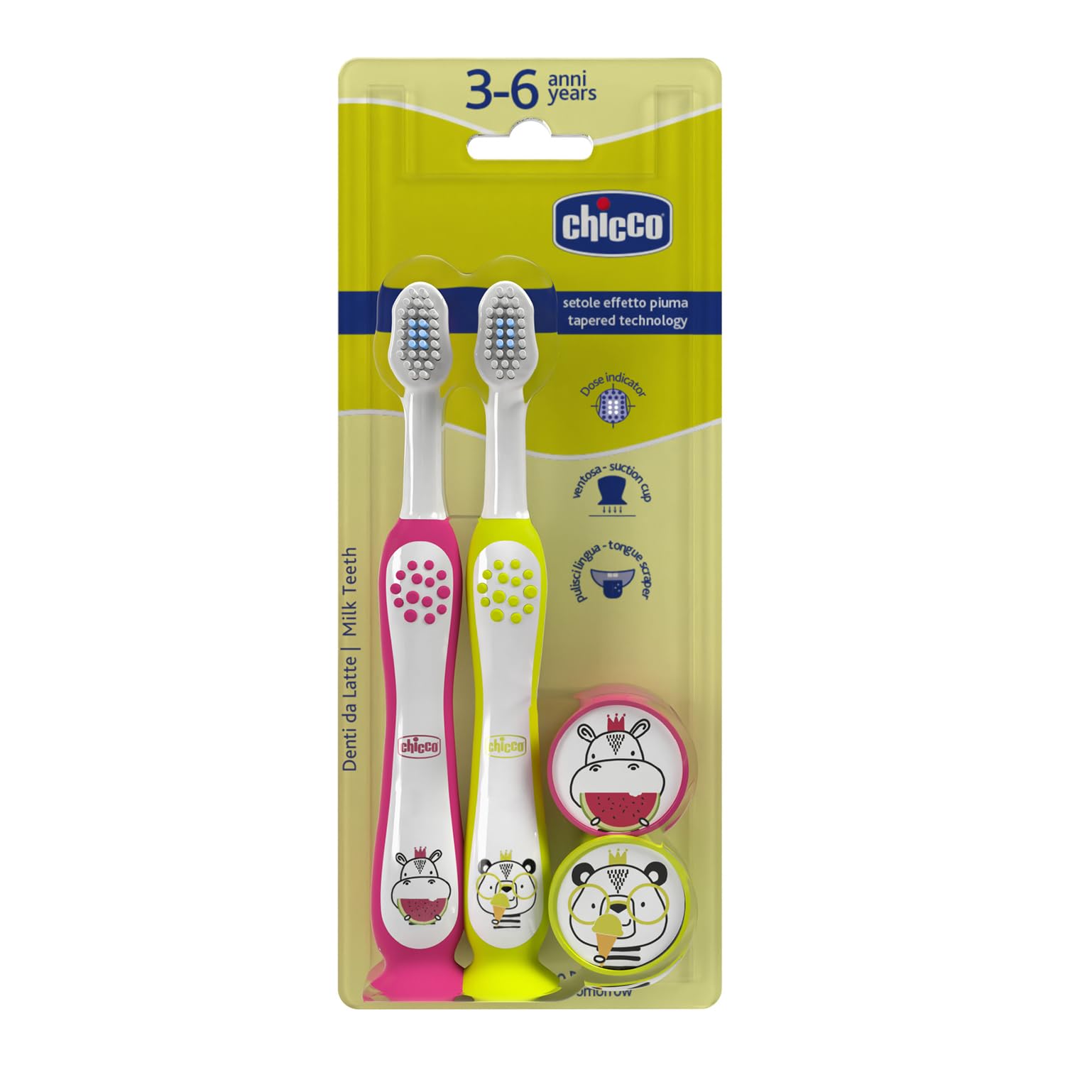 chicco-zahnb-rsten-set-f-r-kinder-3-6-jahre-2-st-ck-rosa-gelb-mit-saugnapf-und-b image 1