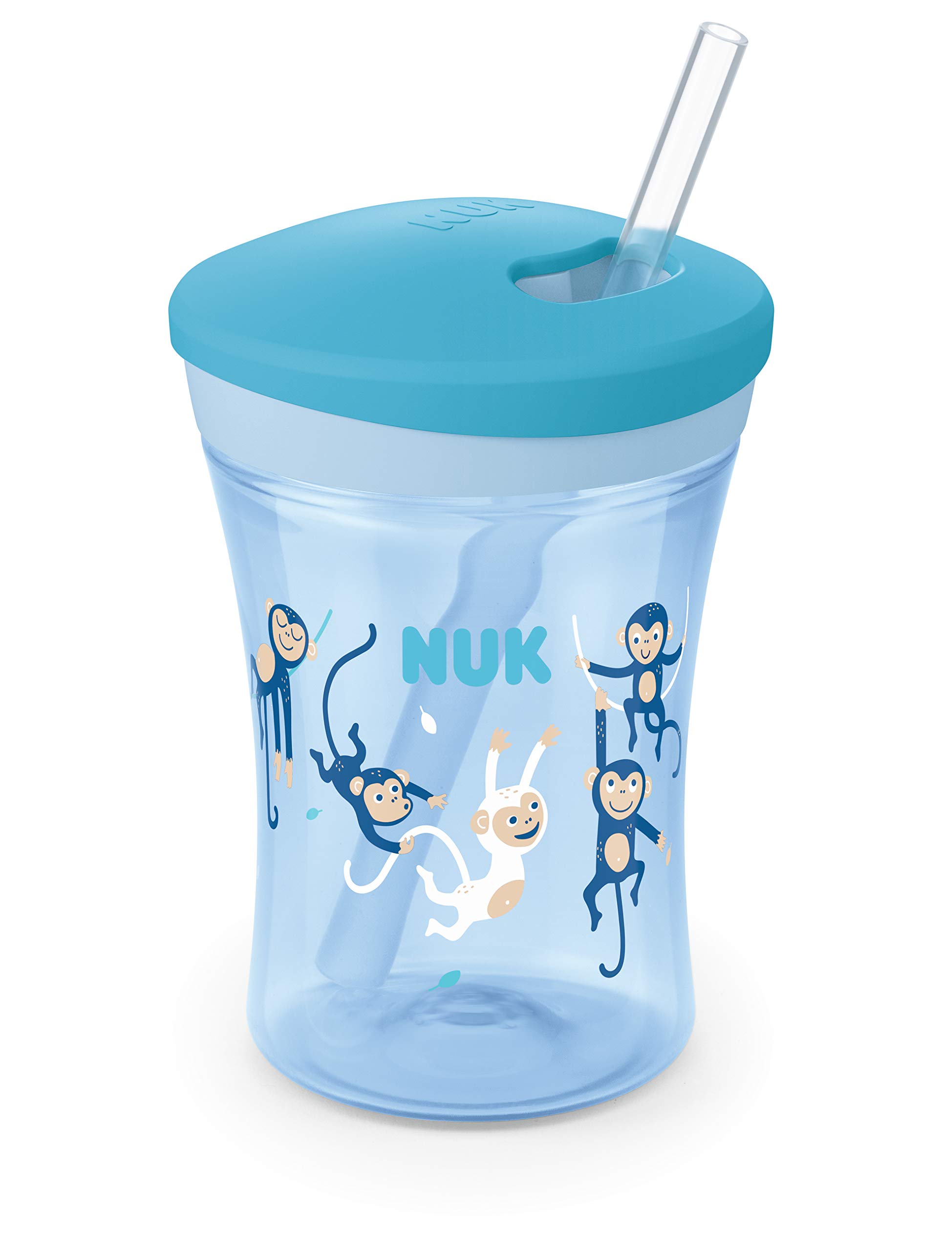nuk-action-cup-trinklernflasche-mit-weichem-trinkhalm-230-ml-affen-blau-ab-12-mo image 1