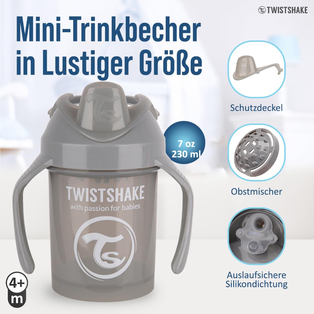 twistshake-mini-cup-230-ml-auslaufsicherer-schnabelbecher-mit-fruchtmixer-grau image 2