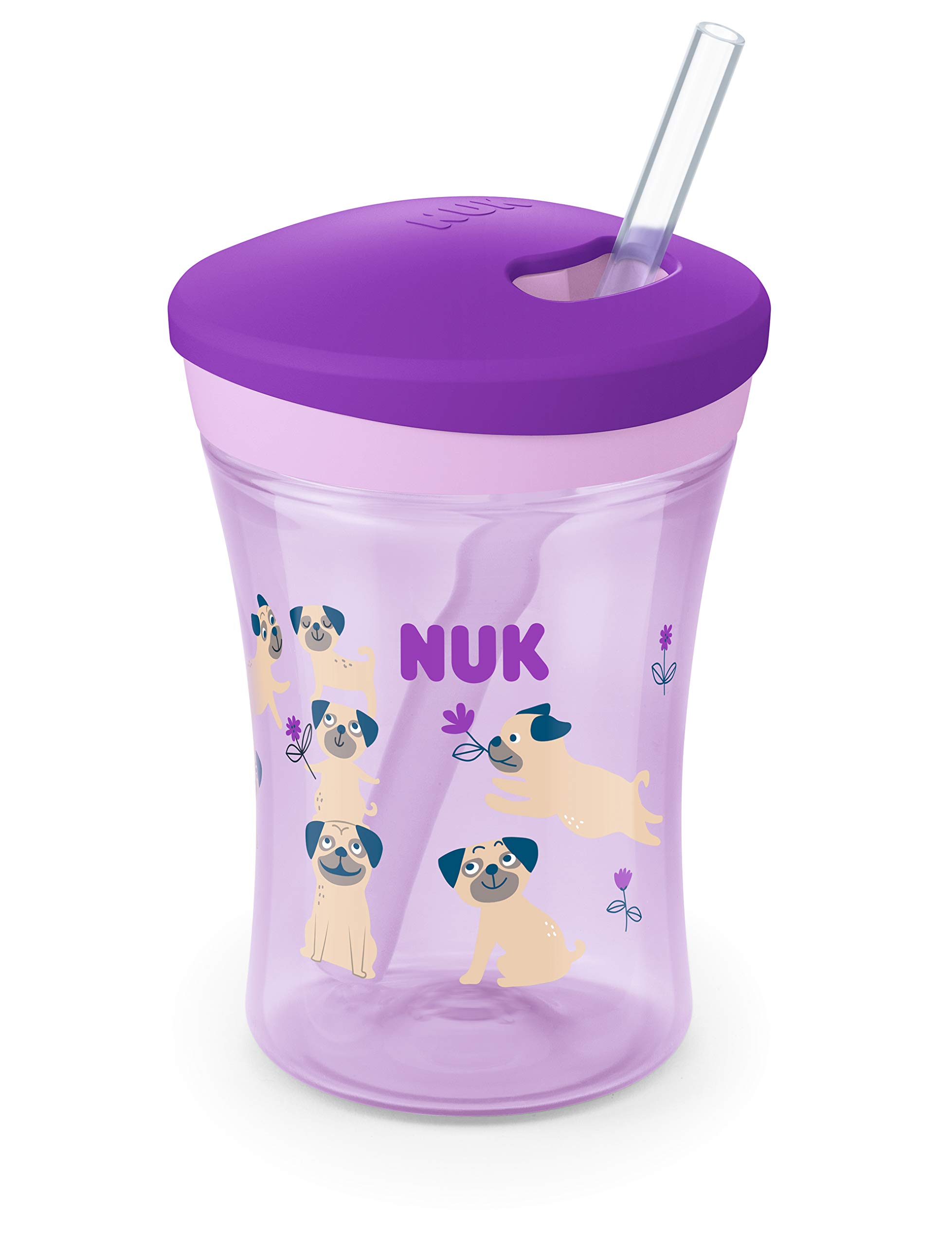 nuk-action-cup-trinklernflasche-mit-weichem-trinkhalm-230-ml-hunde-violett-12-mo image 1