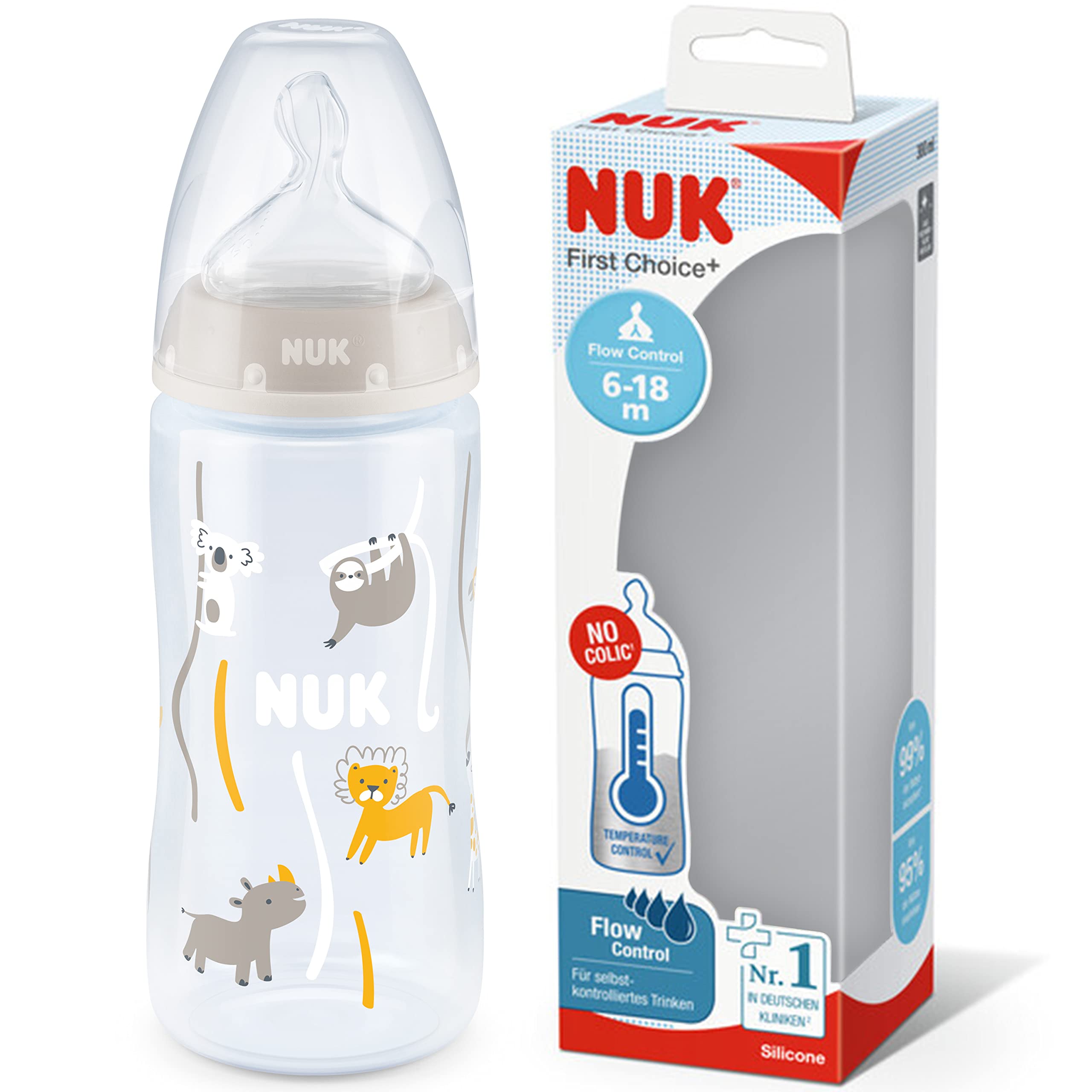 nuk-first-choice-babyflasche-300-ml-6-18-monate-safari-neutral-silikon image 1