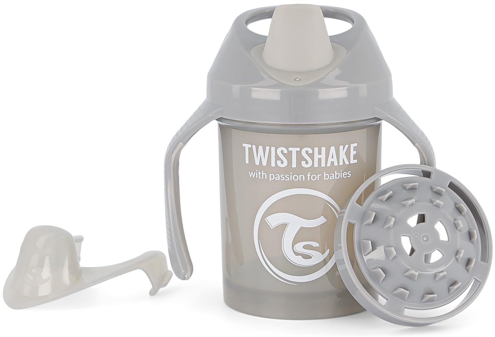 twistshake-mini-cup-230-ml-auslaufsicherer-schnabelbecher-mit-fruchtmixer-grau image 1