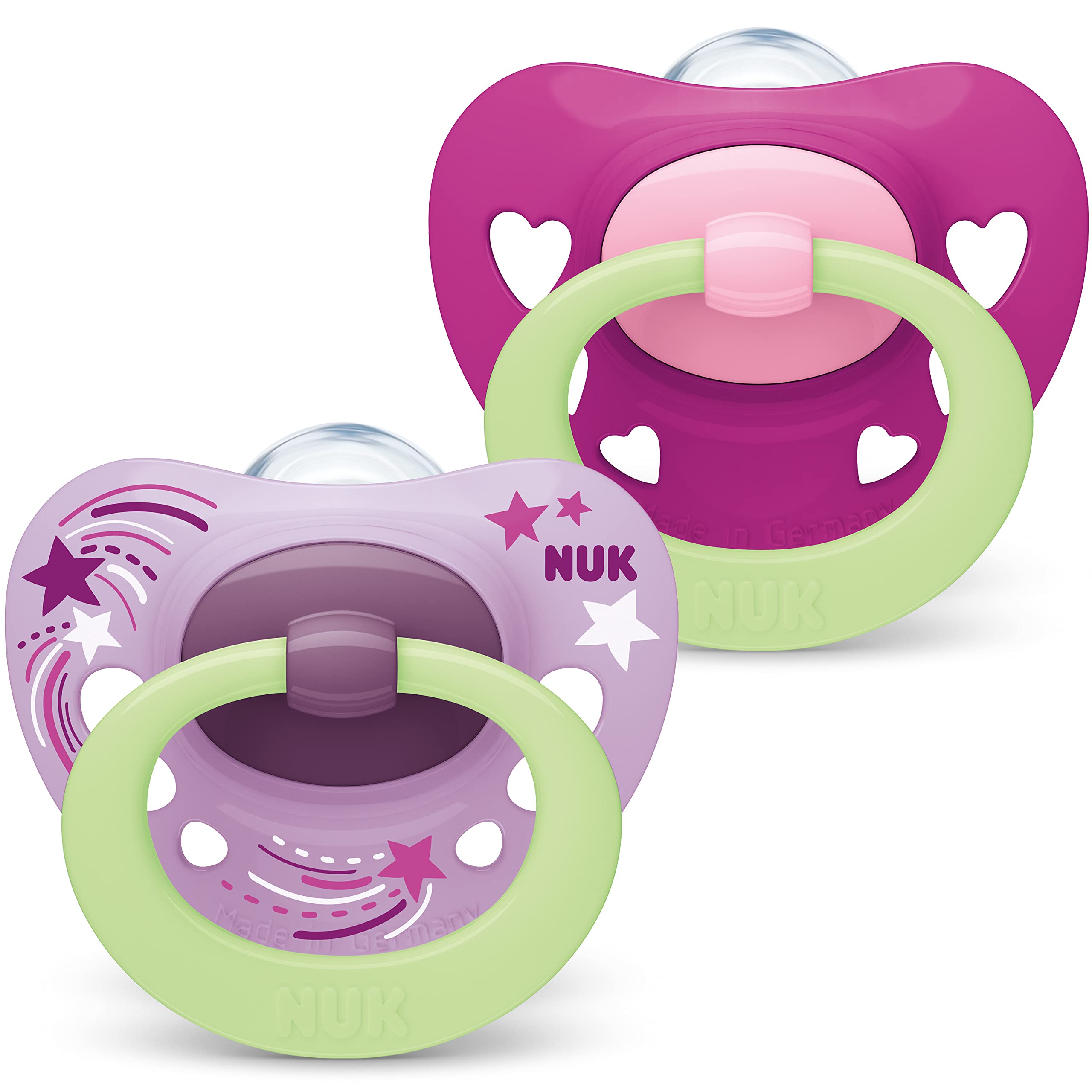 nuk-signature-night-baby-schnuller-6-18-monate-silikon-lila-herzen-2-st-ck image 1